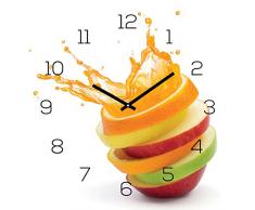 Wanduhr Glas 30x30cm Uhr Glasbild Orange Apfel Wasser Frucht Küche Wanddeko Küchenuhr Glasdeko