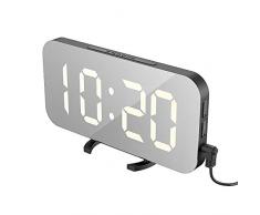 EXTSUD Digitaler Wecker LED Spiegel Wecker Digital mit 3-Stufen Helligkeit Dimmbar Alarm Wecker Tischuhr Reiseweker mit Groß Bildschirm 12/24H Anzeige,USB Anschluss für Smartphone