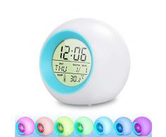 Lachesis LED Kinderwecker, Wake Up Wecker 7 Farbwechsel Ändern Lichtwecker für Kinder, 12/24 Stunden Digitaluhr Licht, One-Tap-Control, Nachttischuhr mit Datum, Temperatur und Schlummerfunktion