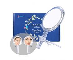 15x Vergrößerungsspiegel, zweiseitiger Schmink-Spiegel, 15-fach/1-fach Vergrößerung, für Hand/mit Ständer, zum Schminken, für Makeup, Schönheitspflege etc. (Silber)