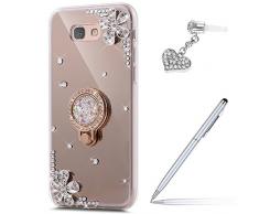 Kompatibel mit Galaxy A5 2017 Hülle Schutzhülle,[Ring Ständer] Glänzend Glitzer Kristall Strass Diamant Blumen Überzug Spiegel TPU Silikon Handy Hülle Tasche Case Schutzhülle für Galaxy A5 2017,Gold
