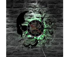 OOFAY Clock@ Wanduhr Vinyl Schallplattenuhr 3D Design-Uhr Wand-Deko Familien Kreativität LED Persönlichkeit Schädel Rose Wohnzimmer Schlafzimmer Dekoration/30CM Schwarz