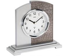 AMS Tischuhr Funk Funktischuhr analog modern silbern mit Kunstleder