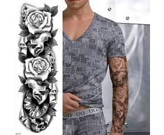 4 Blätter Temporäre Tattoo Aufkleber Haut Wasserfest Männer Frauen Kinder Schwarz Tattoo Körperkunst Rosenblume/Krieger/Uhr/Schiff Fake Arm Schultern Tattoos Sticker Abnehmbare Für Party Festiva