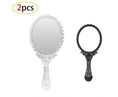 CAILI Kosmetikspiegel Handspiegel, Schminkspiegel Mit Griff,Ladies Vintage Floral Hand Oval Spiegel, Geeignet für zu Hause und Mobil(2 Stück, Silber, Schwarz)
