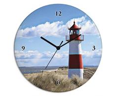 Artland Wanduhr ohne Tickgeräusche Glasuhr rund mit Motiv Design Quarz lautlos Größe: Ø 30 cm Gebäude Leuchtturm Blau T9ML
