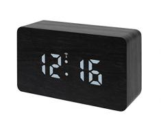 Bresser Funkwecker MyTime W mit LED Display schwarz/weiß, wechselnder Anzeige, Dimmfunktion, Innentemperatur, Datum, DCF-Funksignal und Alarm in Holzoptik, schwarz