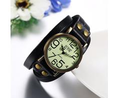 JewelryWe Herren Damen Armbanduhr, Schwarz Leder Armband Wickelarmband, Casual Retro, Analog Quarz Uhr, Vintage grünes Digital Zifferblatt