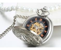 JewelryWe Klassiker Retro Taschenuhr römische Ziffern Herren Handaufzug mechanische Kettenuhr Skelett Uhr mit Halskette Kette Umhängeuhr Vatertag Geschenk Silber