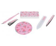 6-teiliges Maniküre-Set für die Handtasche. Glas-Nagelfeile, Pinzette, Nagelhautmesser, Blockfeile, Taschenspiegel, Nagelknipser im Set (Melonen)