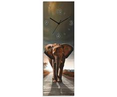 Artland Wanduhr ohne Tickgeräusche Glasuhr mit Motiv Design Funkuhr lautlos Größe: 20x60 cm Elefant Sonnenuntergang Afrika T9QO Braun