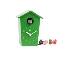 KOOKOO AnimalHouse Grün, Moderne kleine Kuckucksuhr mit 5 Bauernhoftieren, Aufnahmen aus der Natur Moderne witzige Design Uhr