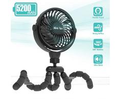 COMLIFE Tragbarer USB Ventilator, Leiser Handventilator mit 5200 mAh Akku, 4 Geschwindigkeiten 360°Drehung Lüfter, Clip Tischventilator mit fexiblem Stativ für Kindenwagen,Schlafzimmer, Büro