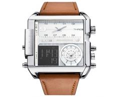 JSDDE Uhren Herren Armbanduhr LCD Digital+Quarz Dual Uhrwerk Echte Lederband Quarzuhr 3ATM Wasserdicht mit Kalender Datum Stoppuhr Fitness Armbanduhr (Braun-Weiß Dial)