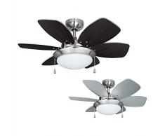 MiniSun – Moderner 76 cm Deckenventilator aus gebürstetem Chrom mit 6 umkehrbaren Flügeln (silberfarben/Holzfinish) und Leuchte – Deckenventilatoren mit Leuchte