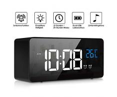 Digital Wecker, LED Digitaluhr Tischuhr mit Sprachsteuerung Funktion und Temperatur Display, Spiegelalarm mit Dual Alarm Snooze Zeit 4 Stufen Einstellbarer Helligkeitsdimmer 13 Musik USB Ladeanschluss