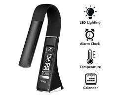 WILIT U2 LED Schreibtischlampe mit Wecker, Dimmbarer Bildschirm, Kalender, Uhrzeit und Temperaturanzeige, 5W Nachttischlampe mit 3 Helligkeitsstufen Dimmbar, Schwarz