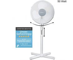 TZS First Austria - 50 Watt 40cm Standventilator extra leise max. 57dB | Ventilator 3 Geschwindigkeitsstufen | verstellbarer Neigungswinkel in 3 Stufen | oszillierend | höhenverstellbar bis 118cm weiß