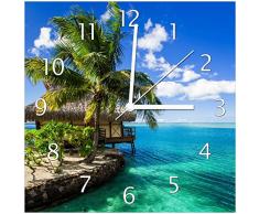 Wallario Glas-Uhr Echtglas Wanduhr Motivuhr • in Premium-Qualität • Größe: 30x30cm • Motiv: Karibisches Meer – Einsame Hütte unter Palmen