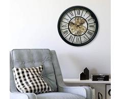 K&L Wall Art Riesige XXL Vintage Metall Glas Wanduhr Extra Grosse Loft Style Wand Uhr mit bewegenden Zahnrädern Ziffern Rustikal Antik (Ø 46 cm, Schwarz Gold)