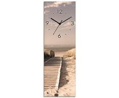 Artland Wanduhr ohne Tickgeräusche Glasuhr mit Motiv Design Funkuhr lautlos Größe: 20x60 cm Nordseestrand auf Langeoog - Steg_Sepia S7NG