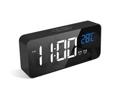 LATEC Digitaler Wecker mit Große LED Temperaturanzeige, Tischuhr mit 13 Musik, USB Ladeanschluss, 4 Helligkeit und Lautstärke Regelbar, Snooze, tragbarer Spiegelalarm mit 2 Alarmen, 12/24HR