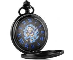 Alienwork Retro Herren Damen mechanische Taschenuhr Handaufzug schwarz mit blau Skelett Retro