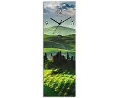 Artland Wanduhr ohne Tickgeräusche Glasuhr mit Motiv Design Quarz lautlos Größe: 20x60 cm Sonnenaufgang über Einer Olivenfarm S7NL Grün