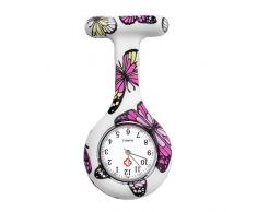 JSDDE Uhren Schwesternuhren Krankenschwesteruhr FOB-Uhr Silikon Hülle Pulsuhr Pflegeuhr Tunika Brosche Taschenuhr Ansteckuhr Analog Quarzuhr (Lila Schmetterling)