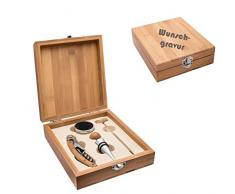 Schmalz Weinset Bambus 4-teilig Kellnermesser inkl.Wunschgravur Gravur graviert, Weinset Thermometer, Flaschenverschluss, Tropfring (mit Gravur)