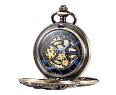 TREEWETO Unisex Taschenuhr mit Kette Analog Handaufzug Doppelscharnier Antik Drache Skelett Bronze
