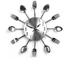 Edelstahl Küchenutensilien Uhr für Küche Déco Indoor und Outdoor, Küche Besteck Silber Wanduhr mit getönten Gabeln, Löffel, Spatel