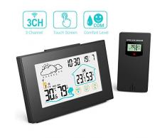 Quntis Wetterstation Funk mit Außensensor, Thermometer Hygrometer Digital Innen und Auße Multifunktionale Funkwetterstation mit Uhrzeitanzeige, Wettervorhersage Wecker und Nachtlicht(Schwarz)