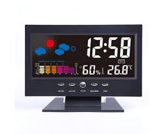 Wetterstation Wecker Hygrometer Digital Barometer Farbe LCD Baby Zimmer Präzision Licht Thermometer Kalender (Color : Black, Größe : 15.6 * 3.7 * 1.57inch)
