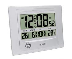 QUIGO Digitale Wanduhr Funk Groß Tischuhr mit Temperaturanzeige& Alarm Laut Wecker Batteriebetrieben Radio, Wohnzimmer, Büro, Küche(Silber)