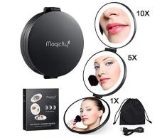 Magicfly Tragbarer Taschenspiegel, Dreiseitiger Klappbarer Schminkspiegel mit LED Licht Beleuchtung 1X / 5X / 10X Vergrößerung Handspiegel mit USB Aufladen, Schwarz