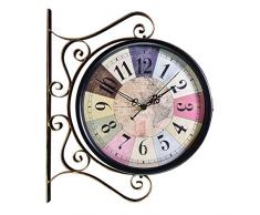 HJW Praktische Wandpendeluhr doppelseitig Wanduhr Vintage-Indoor-Schläger Schmiedeeisen Bahnhof Stil Europäische Retro-Uhren Rollwandseite 360 ​​Grad Wohnzimmer-Dekor-Wanduhr,A