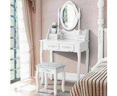 XuanYue Schminktisch 4 Schubladen mit Oval Spiegel Schminktisch Hocker Make-Up Schreibtisch Sets(Weiß)