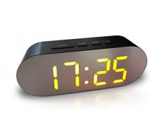 Wecker Digital - Netzbetrieben, Spiegel Wecker ohne Ticken einfache Bedienung kein Schnickschnack, Wecker laut, Schlummerfunktion, Helligkeitsregler, große LED Anzeige, 2x USB-Netzteil, 12/24 Stunden