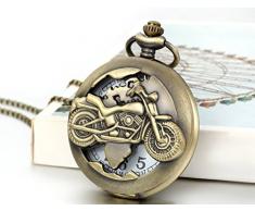 JewelryWe Vintage Bronze Motorrad Taschenuhr Herren Analog Quarz Uhr mit Halskette Kette Umhängeuhr Pocket Watch Geschenk