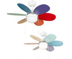 MiniSun – 76 cm Deckenventilator aus glänzendem weißem Metall mit 6 mehrfarbigen umkehrbaren Flügeln und Leuchte – Bunter Deckenventilator mit Beleuchtung