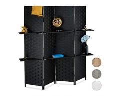 Relaxdays Paravent 4-teilig, Faltbarer Raumtrenner, Sichtschutz, 2 Ablagen, Papierseil, HBT 180 x 170 x 39 cm, schwarz, 1 Stück