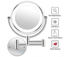 MRJ 8.5inch Kosmetikspiegel 10-Fach mit Beleuchtung LED Wandmontage Touchscreen Dimmbarer aus Kristallglas, Edelstahl und Messing für Badezimmer, Kosmetikstudio, Spa und Hotel EU Plug