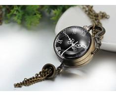 JewelryWe Herren Damen Taschenuhr, Retro Konkav und Konvex Spiegel Runde Uhr Anhänger Analog Quarz Kettenuhr Pullover Halskette Kette mit Schwarz Römischen Ziffern Zifferblatt