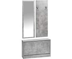 ts-ideen 3er Set Wand-Garderobe Wand-Spiegel Schuhkipper Schuhschrank Sitzbank Betonoptik Grau