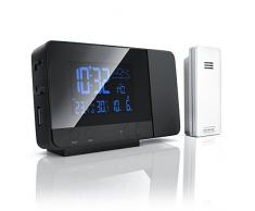 CSL - Funk Wetterstation mit Projektion inkl. Außensensor | sekundengenaue Uhrzeit durch DCF-Signal (Funk-Uhr) | USB-Ladefunktion | 8-farbige RGB Hintergrundbeleuchtung | schwarz