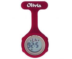 Schwesternuhr mit Anstecknadel Digital Brosche Taschenuhr Himbeerrot Quarz Silikon