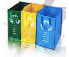 Mülltrenner oder Recycling Säcke mit drei Farbunterteilungen sowie Beschriftungen für Glas, Papier und Plastik - eine saubere Lösung