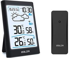 BALDR Wetterstation Funk mit Außensensor, Digital Thermometer Hygrometer Innen und Außen Raumthermometer Hydrometer Feuchtigkeit mit Wettervorhersage, Uhrzeitanzeige, Wecker und Nachtlicht (Schwarz)