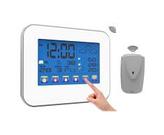 HXUJ Digitale Funkwetterstation Thermometer Hygrometer Temperatur-Feuchtemessgerät LCD Touchscreen Wecker Outdoor Indoor
